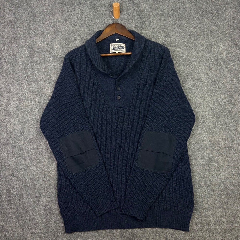 Schott Bros Sweater Mens L Navy Blue Wool Blend Shawl Collar Elbow Patch 0692